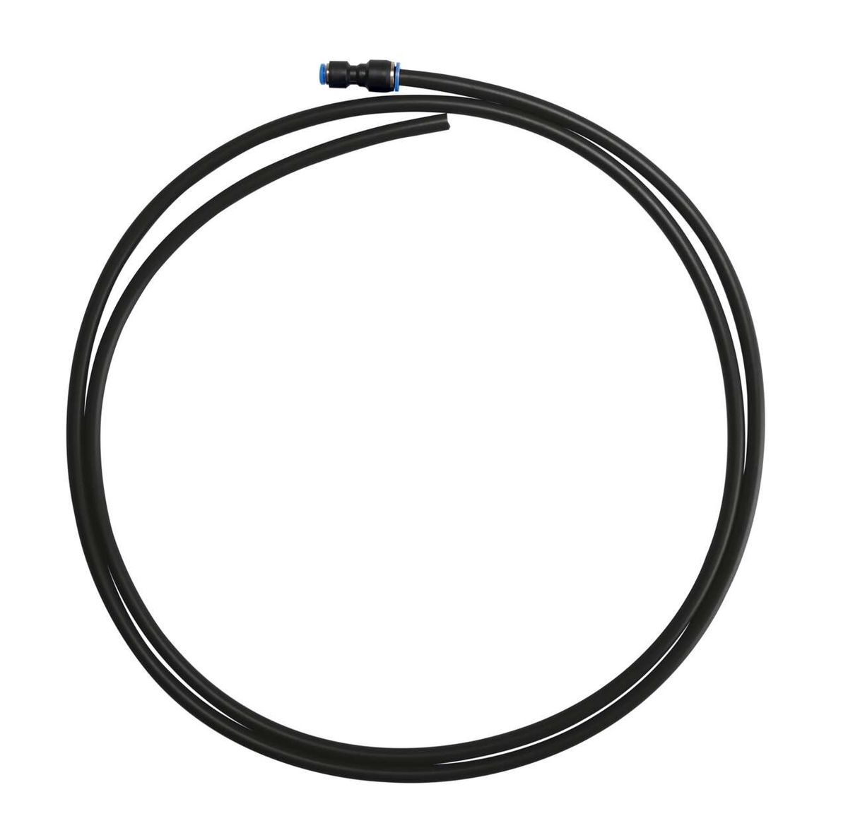 Adapter-Set Scheppach (DIY). Gezeigt von vorne. Zwei schwarze Schläuche mit blauer Verbindung.