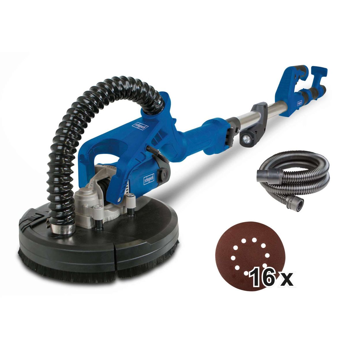 Der Scheppach DS920 Wand- und Deckenschleifer verfügt über einen 225 mm Schleifteller und ist mit 16 Sandpapierblättern ausgestattet.