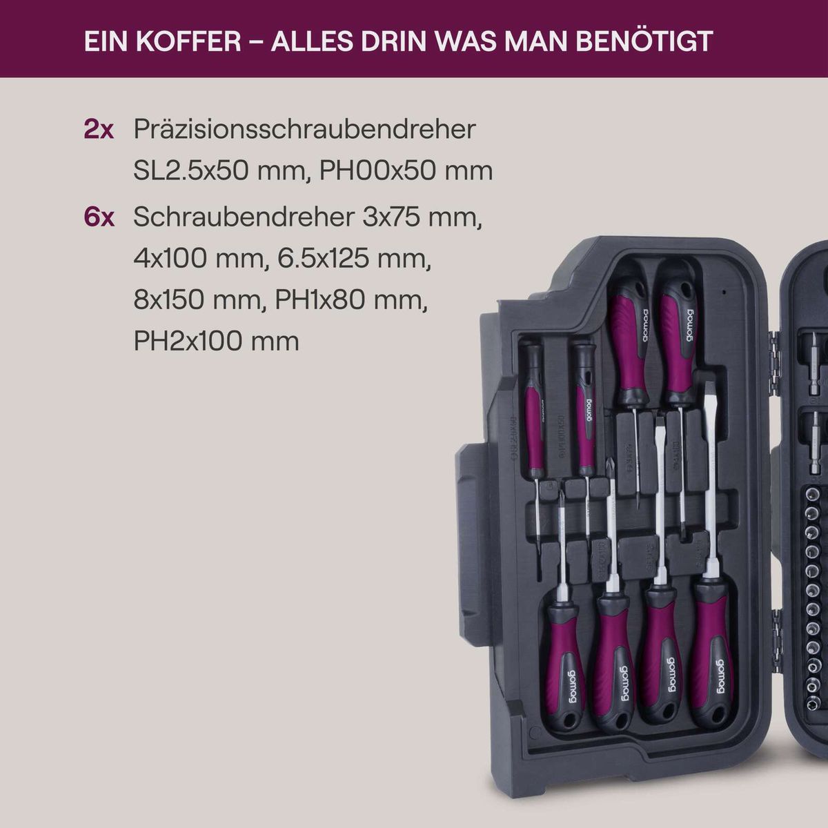 Der Werkzeugkoffer MH100 Gomag enthält 2 Präzisionsschraubendreher (SL2.5x50 mm, PH00x50 mm) und 6 Schraubendreher (3x75 mm, 4x100 mm, 6.5x125 mm, 8x150 mm, PH1x80 mm, PH2x100 mm).