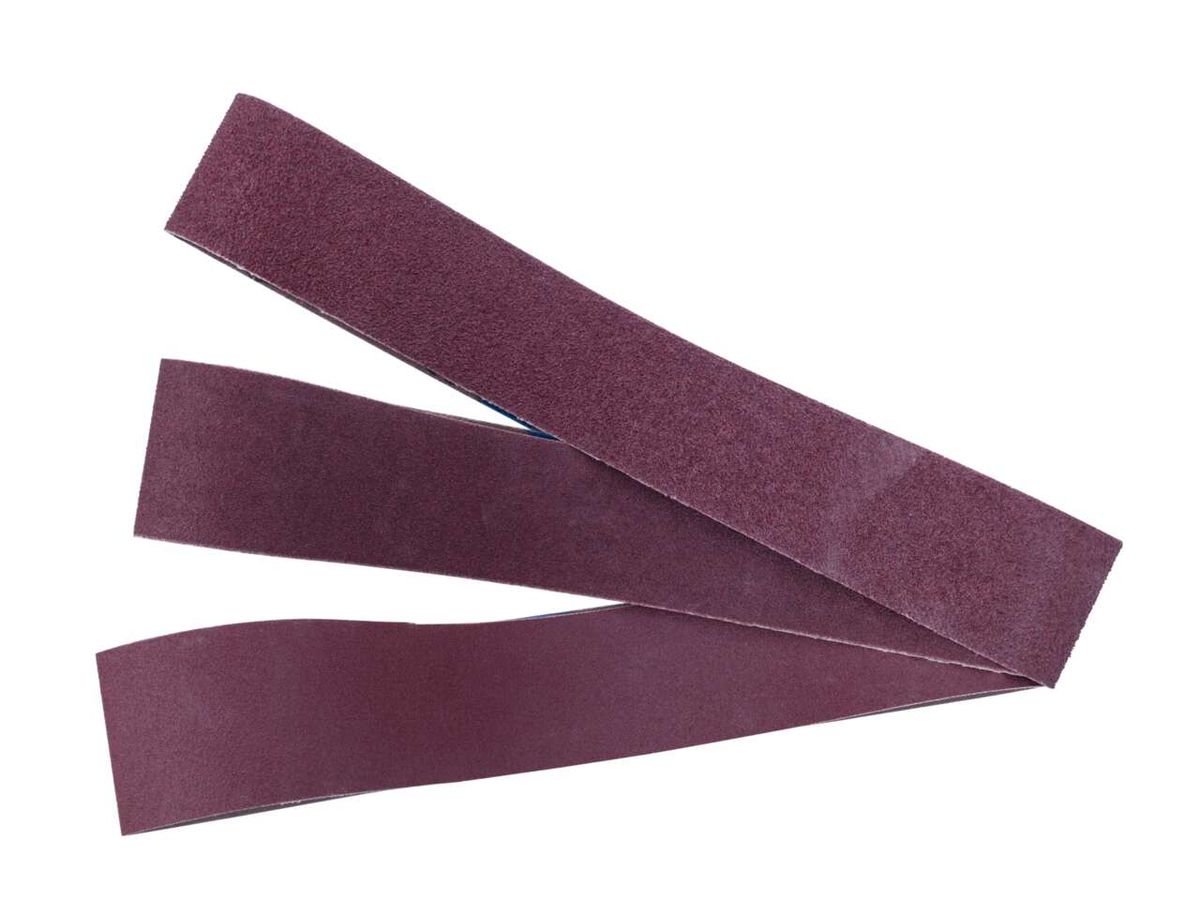 Schleifband-Set L 686 x B 50 mm K 60/120/180, drei Schleifbänder in burgunderfarbenem Design, von der Seite fotografiert.