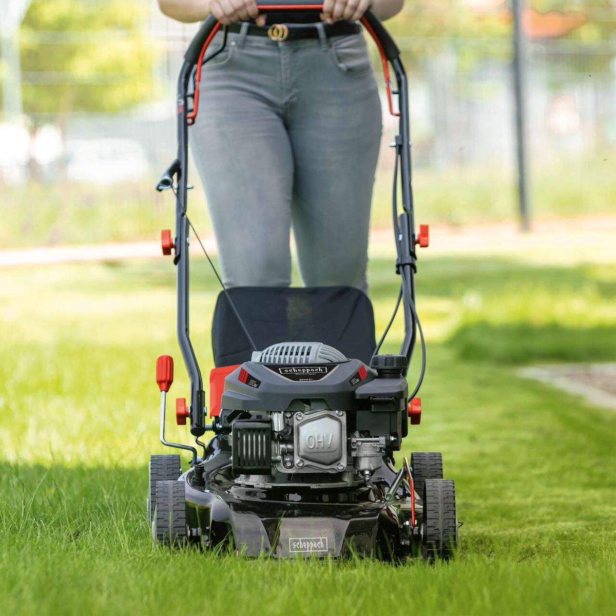 Der Scheppach Rasenmäher MS150-42 mit OHV-Motor und 420 mm Schnittbreite. Der Rasenmäher hat einen schwarzen Sitz und rote Griffe. Die Scheppach Marke ist auf dem Gehäuse und dem Sitz zu sehen.