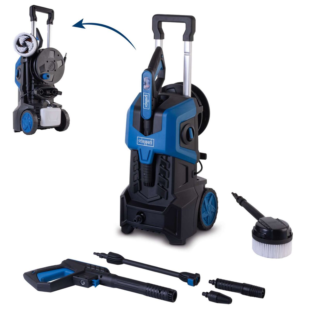 Der Scheppach Hochdruckreiniger HCE3000 mit 2400W Leistung, 180bar Druck und 8m Anti-Twist Schlauch. Fördermenge von 480 Litern pro Stunde. Inklusive verschiedener Düsen und Aufsätze für flexible Reinigung.