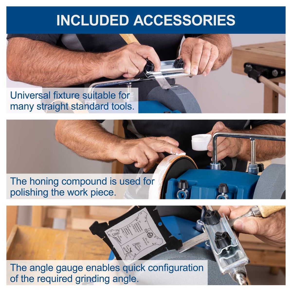 The Scheppach TIGER 7000S wet bench grinder features a universal fixture suitable for many straight standard tools, a honing compound for polishing the workpiece, and an angle gauge for quick configuration of the required grinding angle.