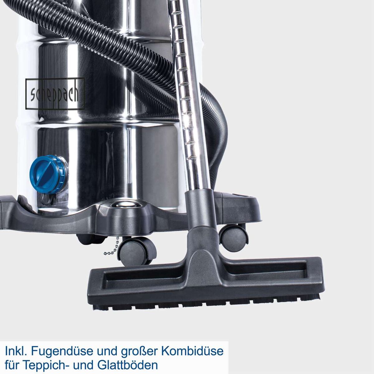 Der Nass-Trockensauger NTS30 Premium von Scheppach verfügt über eine Fugendüse und eine große Kombidüse für Teppich- und Glattböden.
