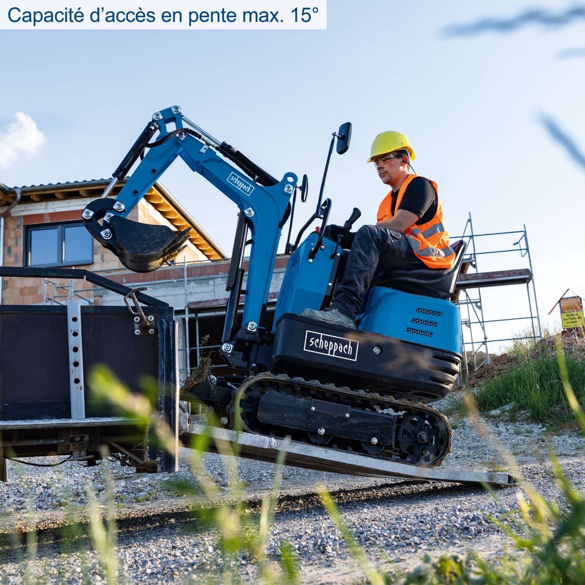The mini-excavator MB850 by Scheppach has a maximum climbing capacity of 15 degrees. The excavator is perfect for DIY use and offers a sturdy construction for various applications.