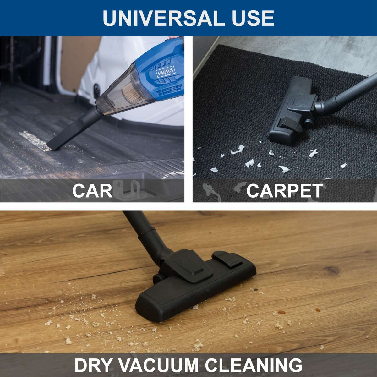 The cordless hand-held vacuum cleaner C-HVC150-X by Scheppach is suitable for universal use, including cleaning cars, carpets, and wooden floors. It provides dry vacuum cleaning functions for various surfaces.