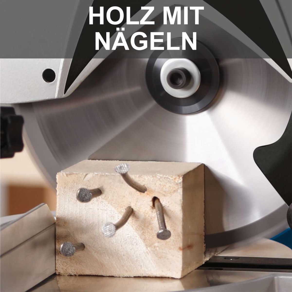 Die Kappzugsäge HM110MP von Scheppach kann Holz mit Nägeln schneiden.