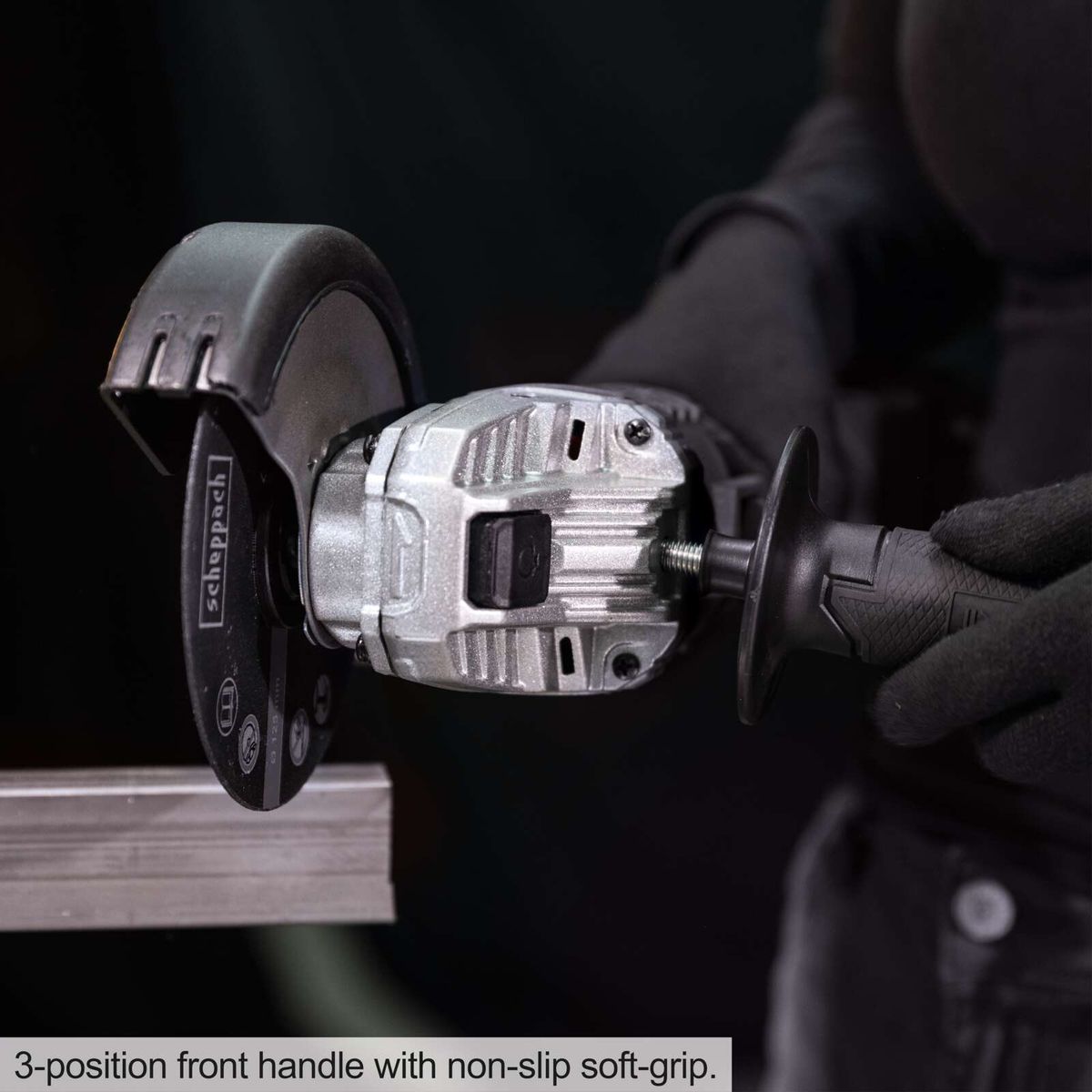 The Scheppach cordless angle grinder C-WS125BE-X features a 3-position front handle with non-slip soft-grip.