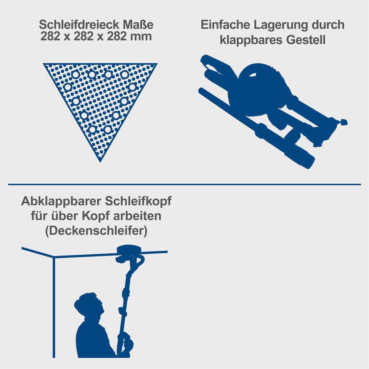 Der Scheppach Wand- und Deckenschleifer DS930 bietet ein Schleifdreieck mit den Maßen 282 x 282 x 282 mm. Er verfügt über eine einfache Lagerung durch ein klappbares Gestell und einen abklappbaren Schleifkopf für Arbeiten über Kopf.