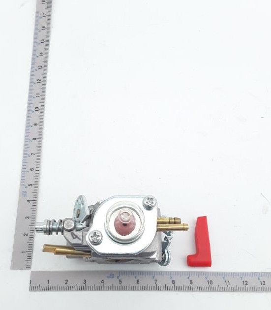 Vergaser HYUAYI MC1690BE Ø16, Ansicht von oben. Mit Maßstab zur Größenveranschaulichung.