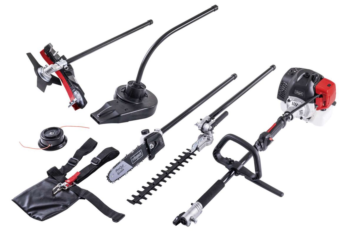 Multitool-Satz mit Benzinmotor und verschiedenen Werkzeugen für Garten- und Handwerksarbeiten