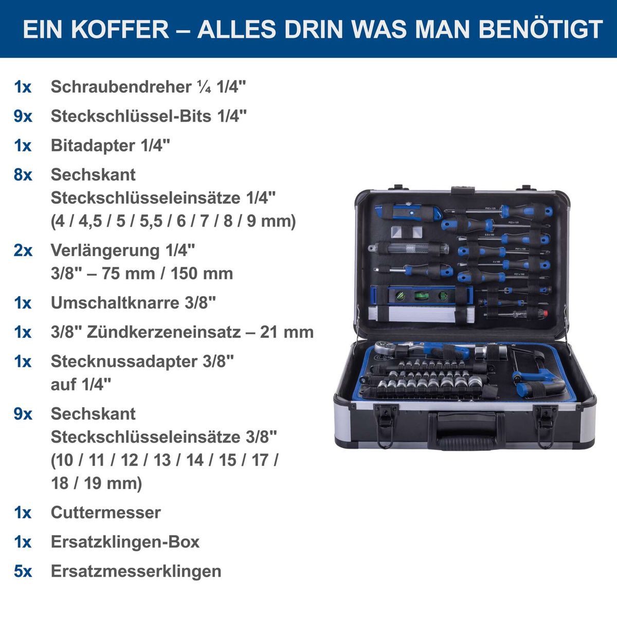 Werkzeugkoffer TB225 mit detaillierter Inhaltsübersicht für Scheppach-Set inkl. Schraubenschlüssel, Bitaufsätze und Ersatzklingen