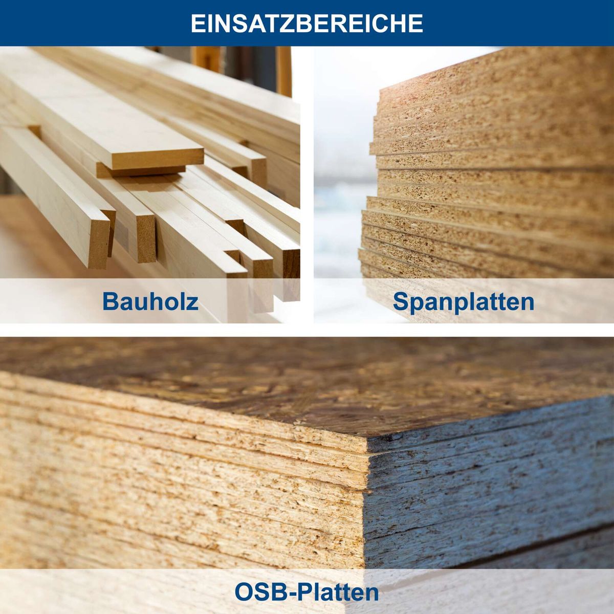 Holzplatten (Bauholz, Spanplatten, OSB-Platten) als Materialbeispiele für Verarbeitung