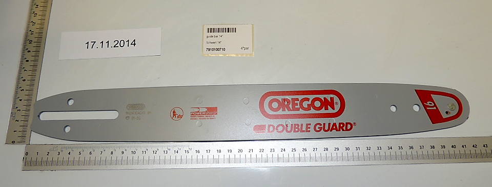 Scheppach Oregon-Doppelguarde-Kettenschwert mit Beschriftung und Datumssticker (17.11.2014)