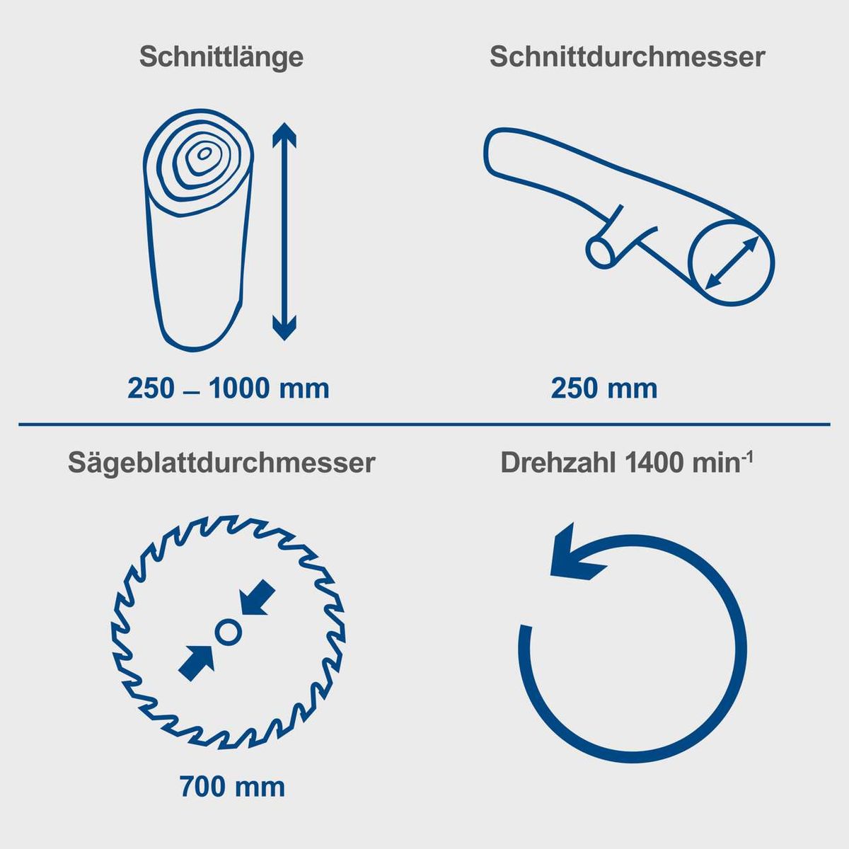 Wippsäge mit Schnittlängenangabe (250–1000 mm), Banddurchmesser (250 mm), Sägeblattdurchmesser (700 mm) und Drehzahl (1400 min⁻¹)