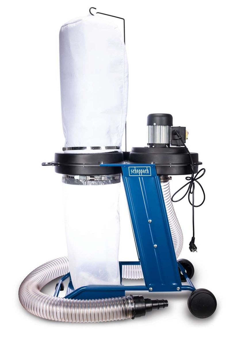 Absauganlage HD12 Scheppach, Ansicht von der Seite. 230V, 500Watt, 75L Auffangbehälter, 100mm Anschluss.