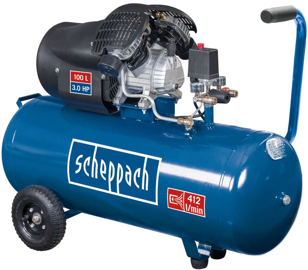 Scheppach Kompressor HC100dc, 100L, 3,0 PS, 412 l/min, von vorne gezeigt.