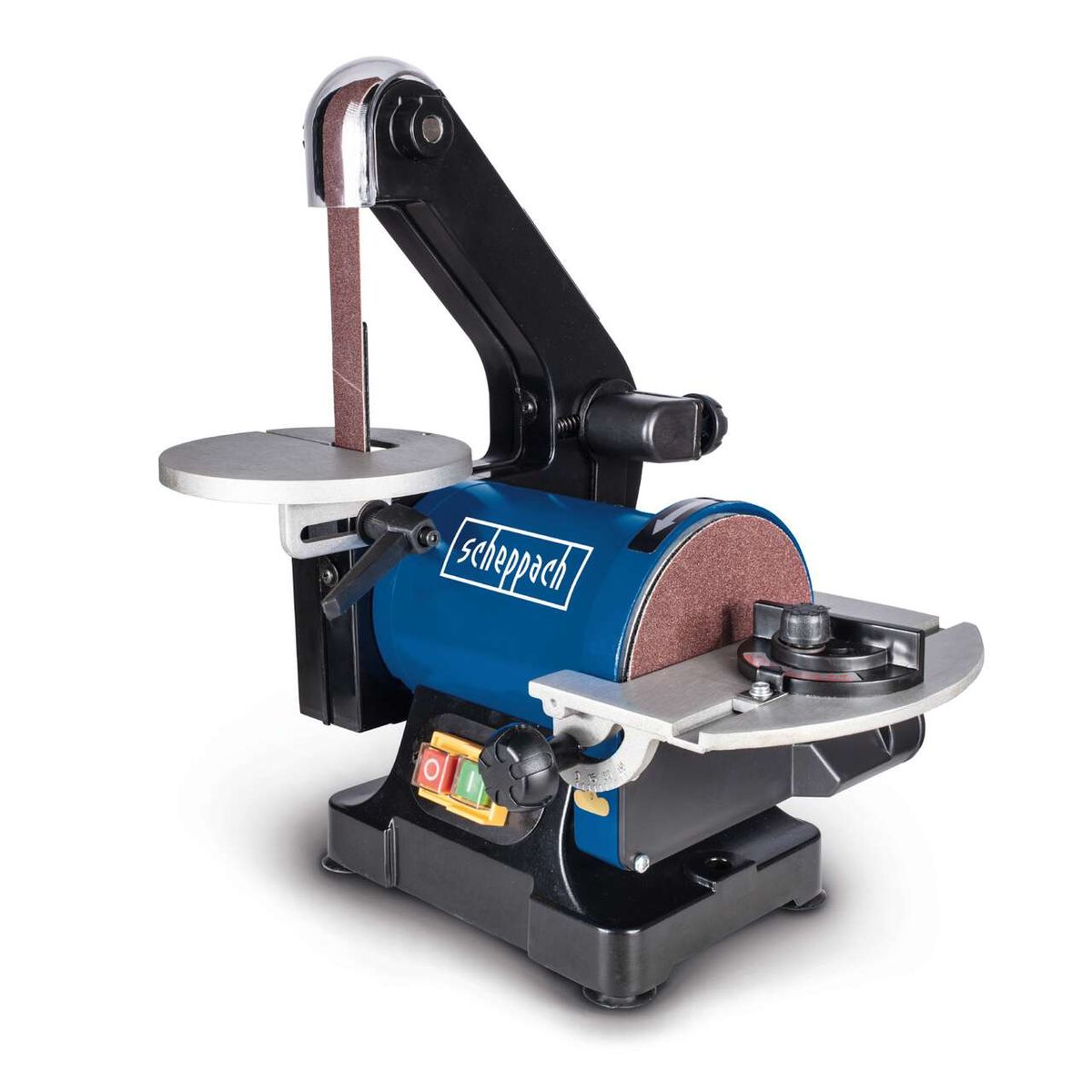 Band- und Tellerschleifer BTS700 von Scheppach mit verstellbarem Tisch und integriertem Bandscheibenschleifer. Ideal für präzises Schleifen und Bearbeiten von Materialien. Bandlänge 762mm, Breite 25,4mm.