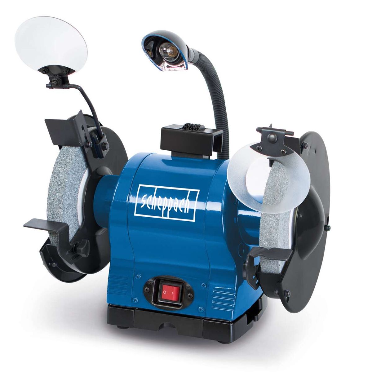 Scheppach-Doppelschleifer mit integrierter Arbeitslampe und Schleifscheibenhalterung für 200-mm-Scheiben