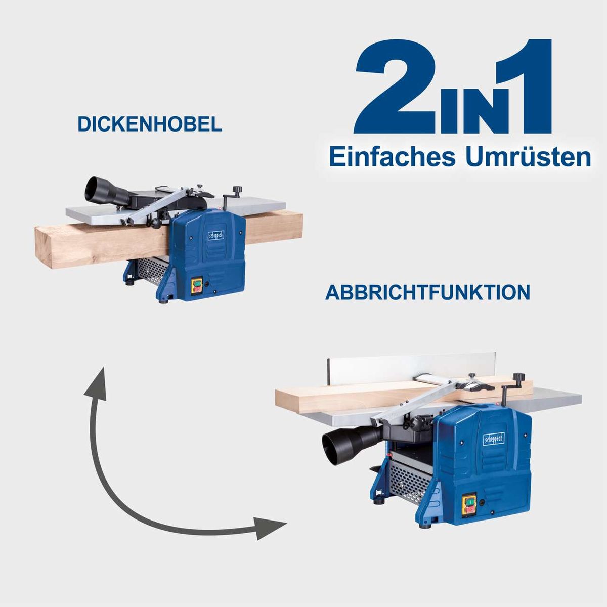 Doppelfunktion mit Dickenhobel- und Abrichtfunktion für Scheppach-Hobelmaschine HMS1080, einfaches Umrüsten zwischen den Funktionen