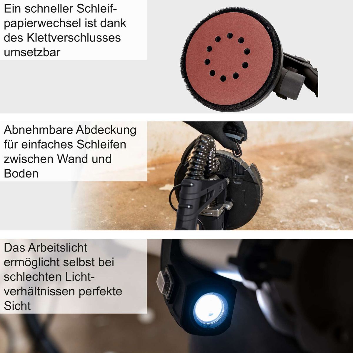 Wand- und Boden-Schleifpapierwechsel mit Klettverschluss für TBS915-BE, inkl. Arbeitslicht für bessere Sicht