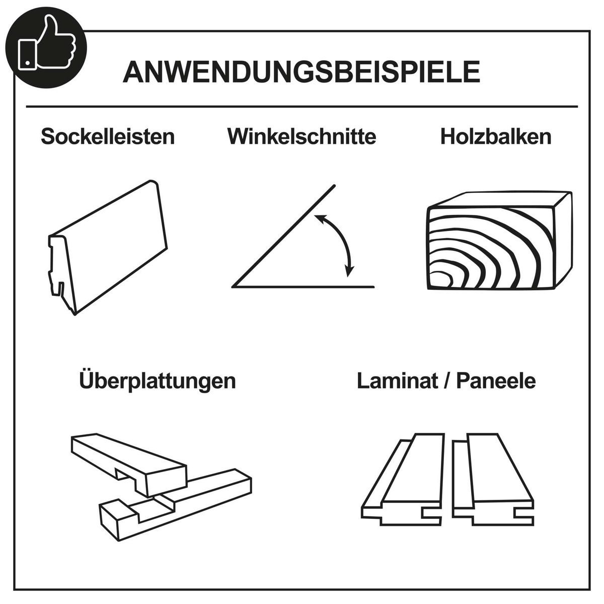Das Scheppach Werkzeug ermöglicht präzise Schnitte für Sockelleisten, Winkelschnitte, Holzbalken, Überplattungen und Laminat/Paneele. Ideal für verschiedene Holzarbeiten.
