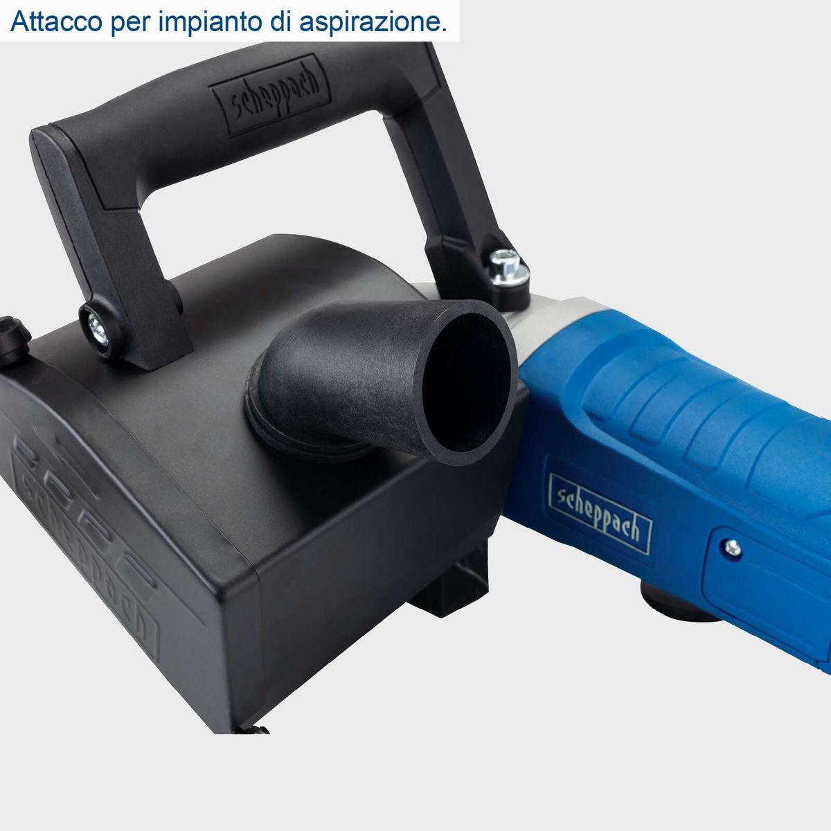 Scheppach Satiniermaschine MRS1300 mit Anschluss für Absauganlage. Die Maschine verfügt über eine Bürstenbreite von 100 mm und eine variable Drehzahl. Sie ist mit einer Messingdrahtbürste ausgestattet.