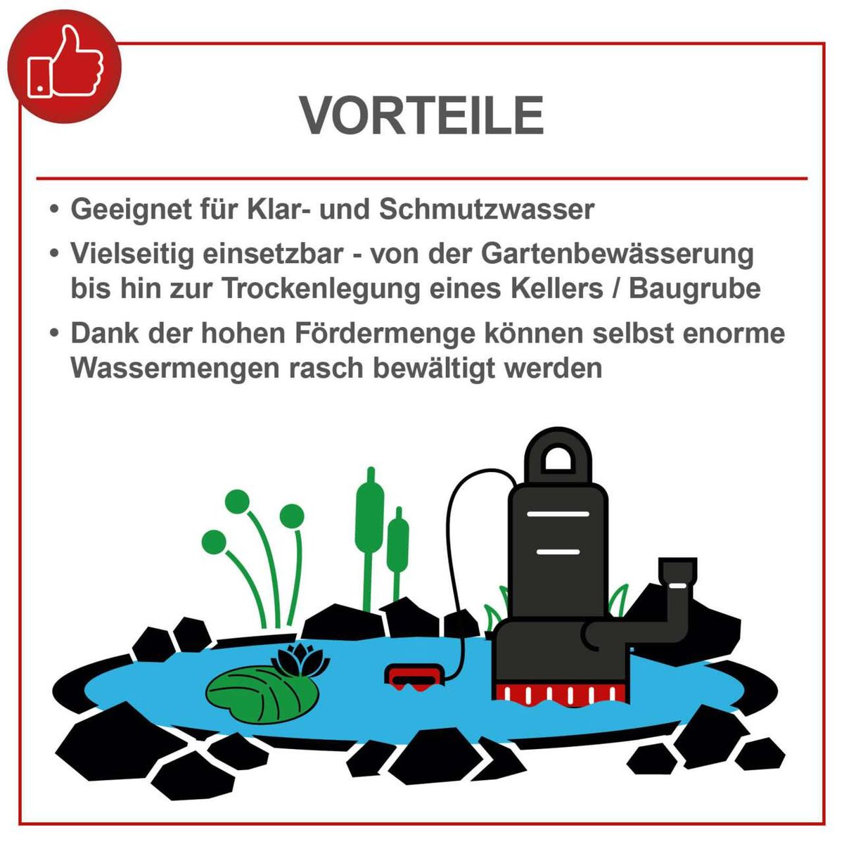 Die Scheppach Schmutzwasserkombipumpe DWP750 eignet sich für Klar- und Schmutzwasser. Sie ist vielseitig einsetzbar, z.B. für Gartenbewässerung oder Trockenlegung von Kellern. Dank hoher Fördermenge bewältigt sie große Wassermengen schnell.