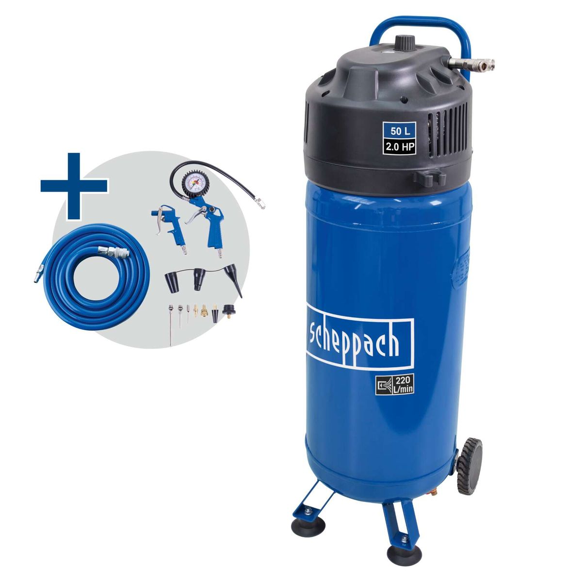 Stehendes Kompressor-Modell mit 50-Liter-Kessel, 2,0 PS und 220 Liter/min Leistung, inkl. Zubehörset und Schlauch.
