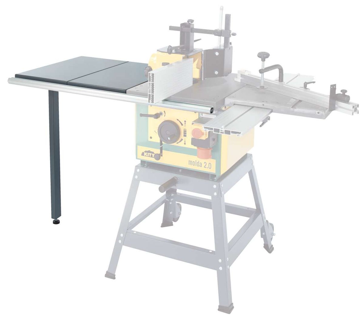 Tischverbreiterung - Molda 2.0 von Scheppach. Die Tischverbreiterung ist an einer Sägetischmaschine montiert und wird von links gezeigt.