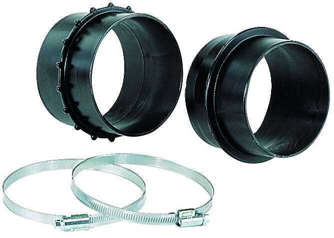 Schlauchverlängerungskupplung Ø 100 mm Scheppach, bestehend aus zwei Kupplungshälften und zwei Schellen. Die Kupplung ist von vorne zu sehen.