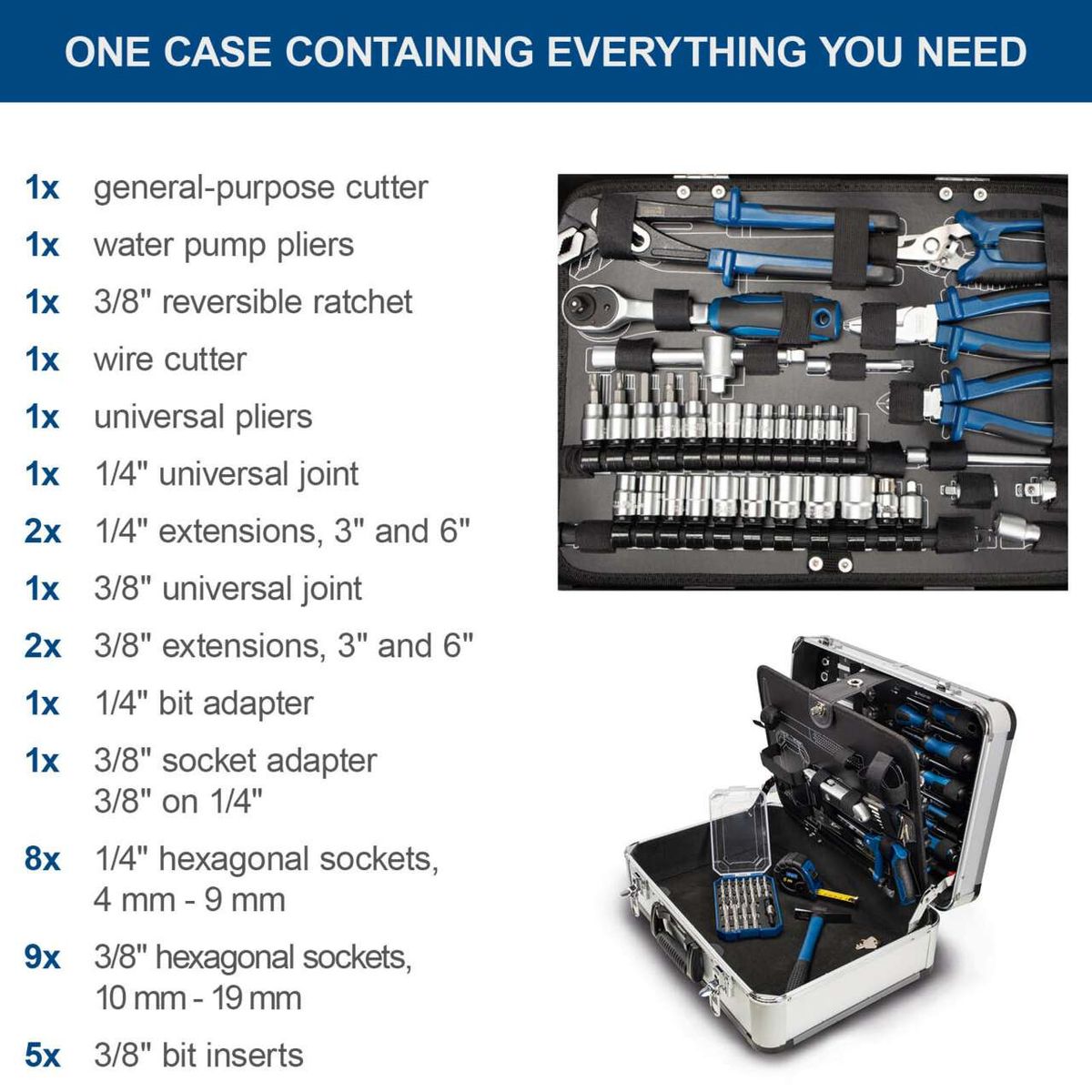 The Scheppach TB150 tool kit contains 101 pieces, including various wrenches, sockets, extensions, adapters, and accessories. The set is packed in a lockable metal case.