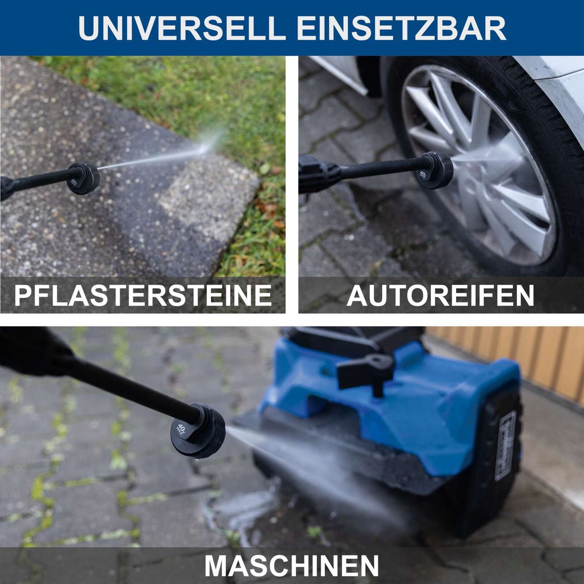 Akku-Druckreiniger mit Schlauchanschlüssen für Pfostensteine, Autoreifen und Maschinen