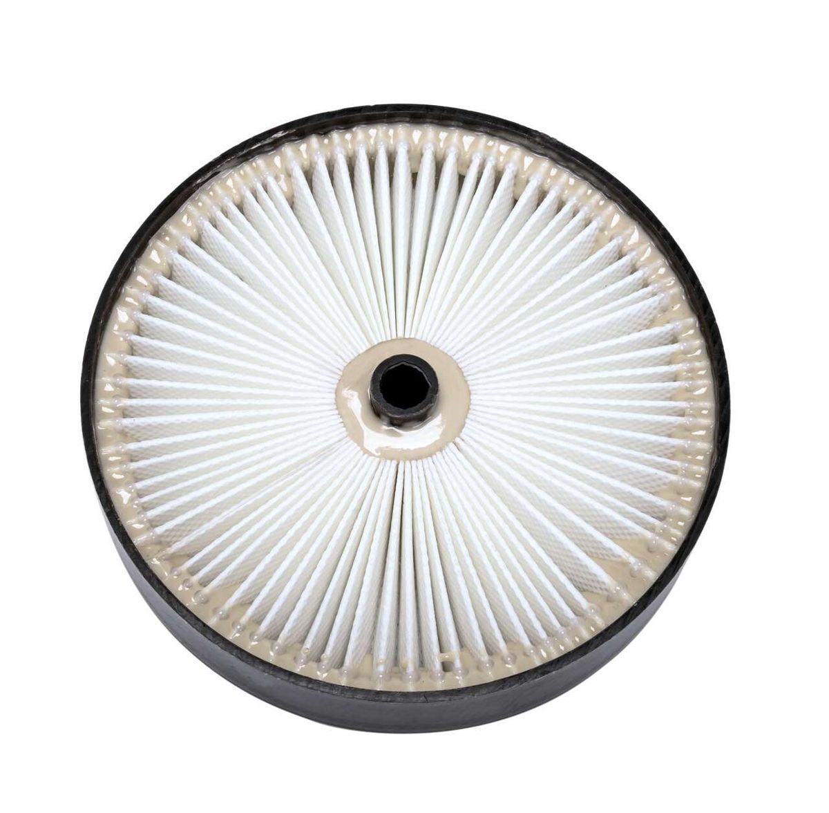 Falten-Filter Spray-Vac, Ansicht von vorne, weißer Filter mit schwarzem Rand und zentraler Öffnung.