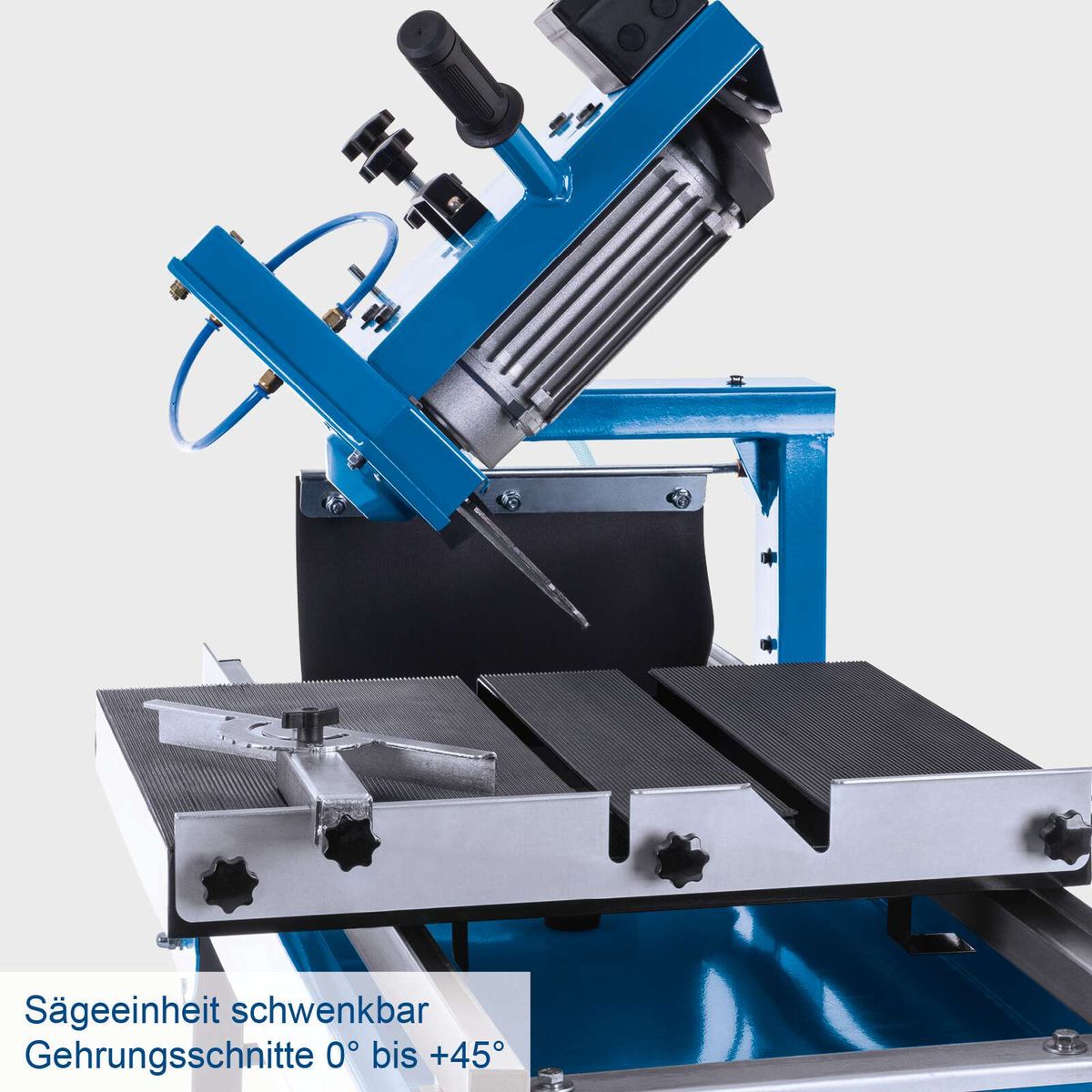 Steintrennmaschine mit schwenkbarer Sägeeinheit für Gehrungsschnitte von 0° bis +45°