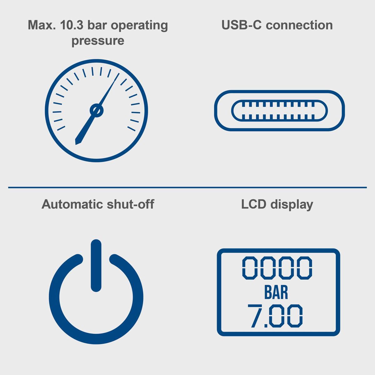 The Scheppach AC10/8V cordless hand-held compressor features a maximum operating pressure of 10.3 bar, a USB-C connection, automatic shut-off, and an LCD display.