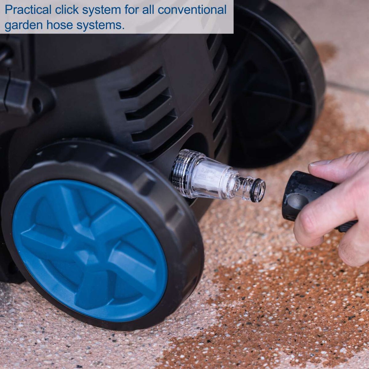 The Scheppach Pressure Washer HPC1600 features a practical click system for all conventional garden hose systems.