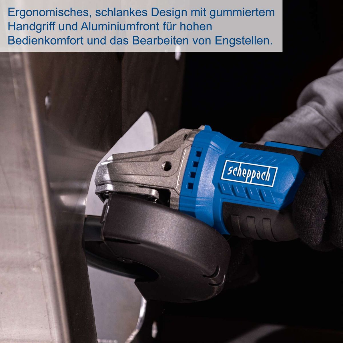 Scheppach Akku-Winkelschleifer mit ergonomischem Griff und Aluminiumfront für präzise Bearbeitung von Engstellen.