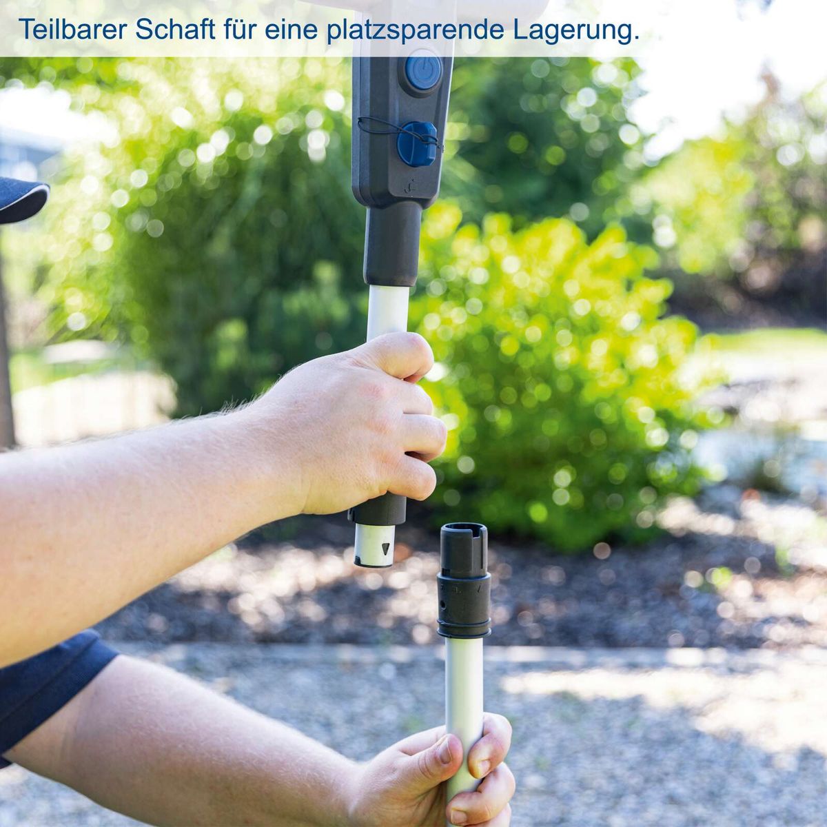 Der Akku-Rasenmäher BC-MP220-X von Scheppach hat einen teilbaren Schaft für platzsparende Lagerung.