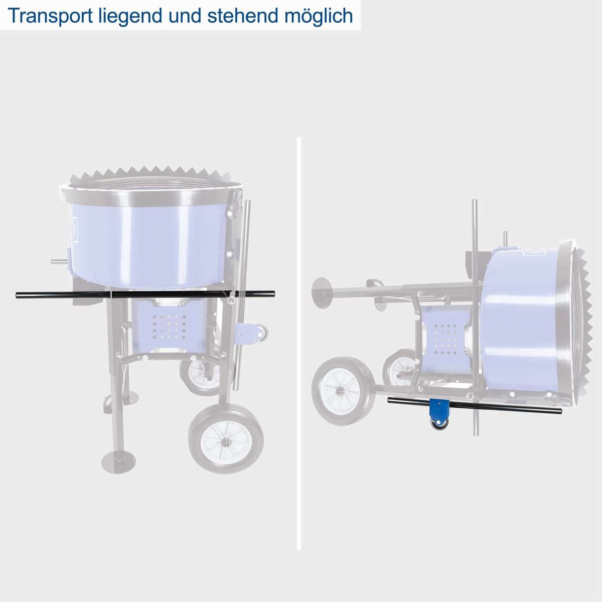 Der Zwangsmischer CCM130 von Scheppach ermöglicht Transport sowohl liegend als auch stehend. Er verfügt über robuste Räder und eine stabile Konstruktion für einfache Handhabung.