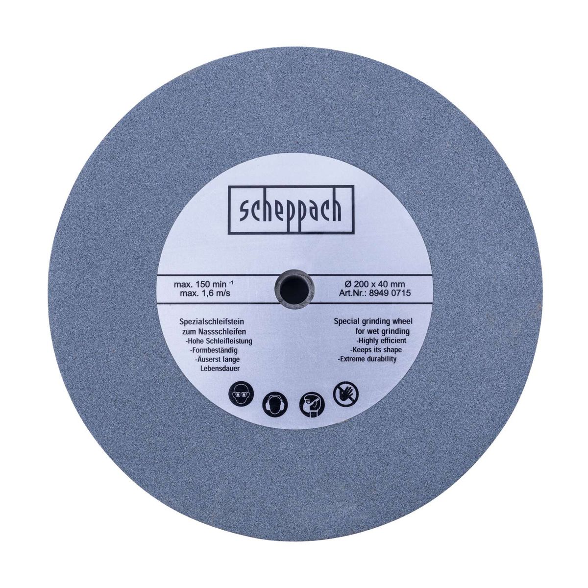 Scheppach-Wetschleifscheibe mit technischen Daten: Ø 200 x 40 mm, max. 150 min⁻¹, 1,6 m/s