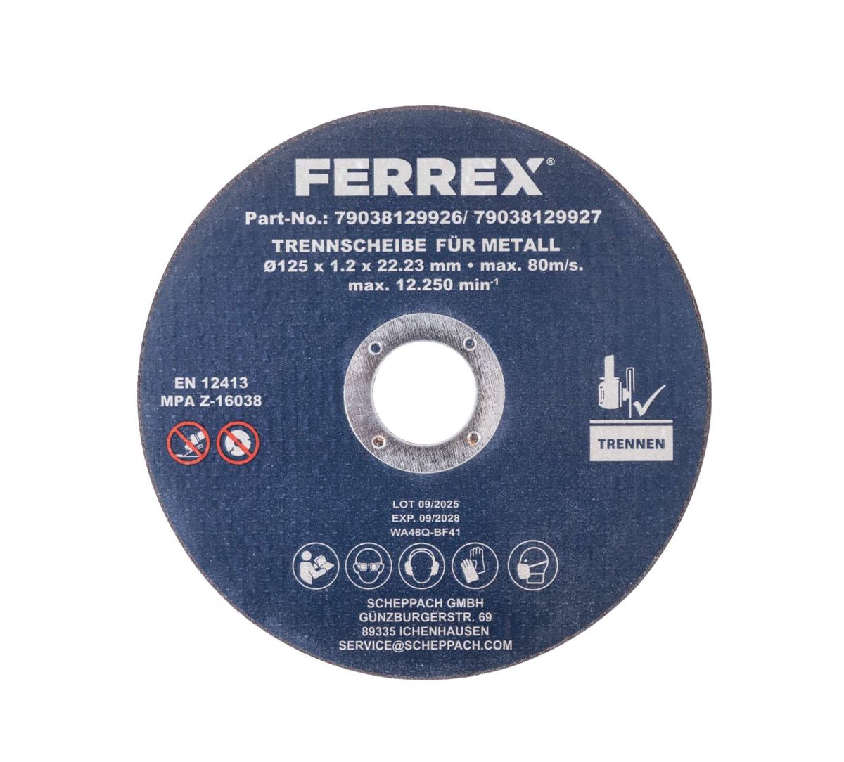 Trennscheibe von Ferrex, Teilenummer 7, Artikelnummer 79038129926, 125 x 1,2 x 22,23 mm, max. 80 m/s, max. 12.250 min⁻¹, EN 12413, MPA Z-16038, Scheppach GmbH.