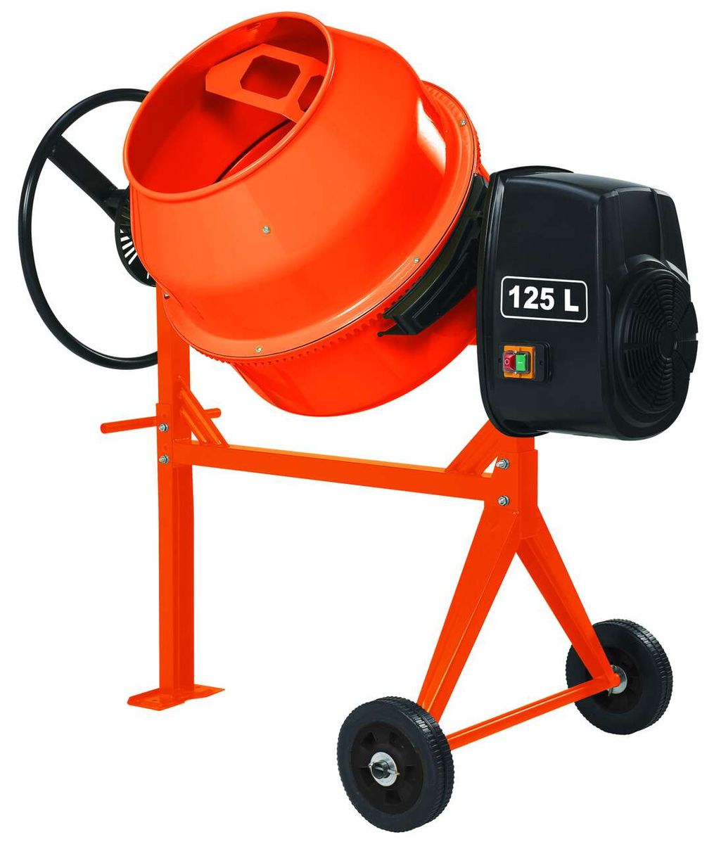Betonmischer 125L Bauhaus von Scheppach, seitliche Ansicht mit Motor und Rädern.