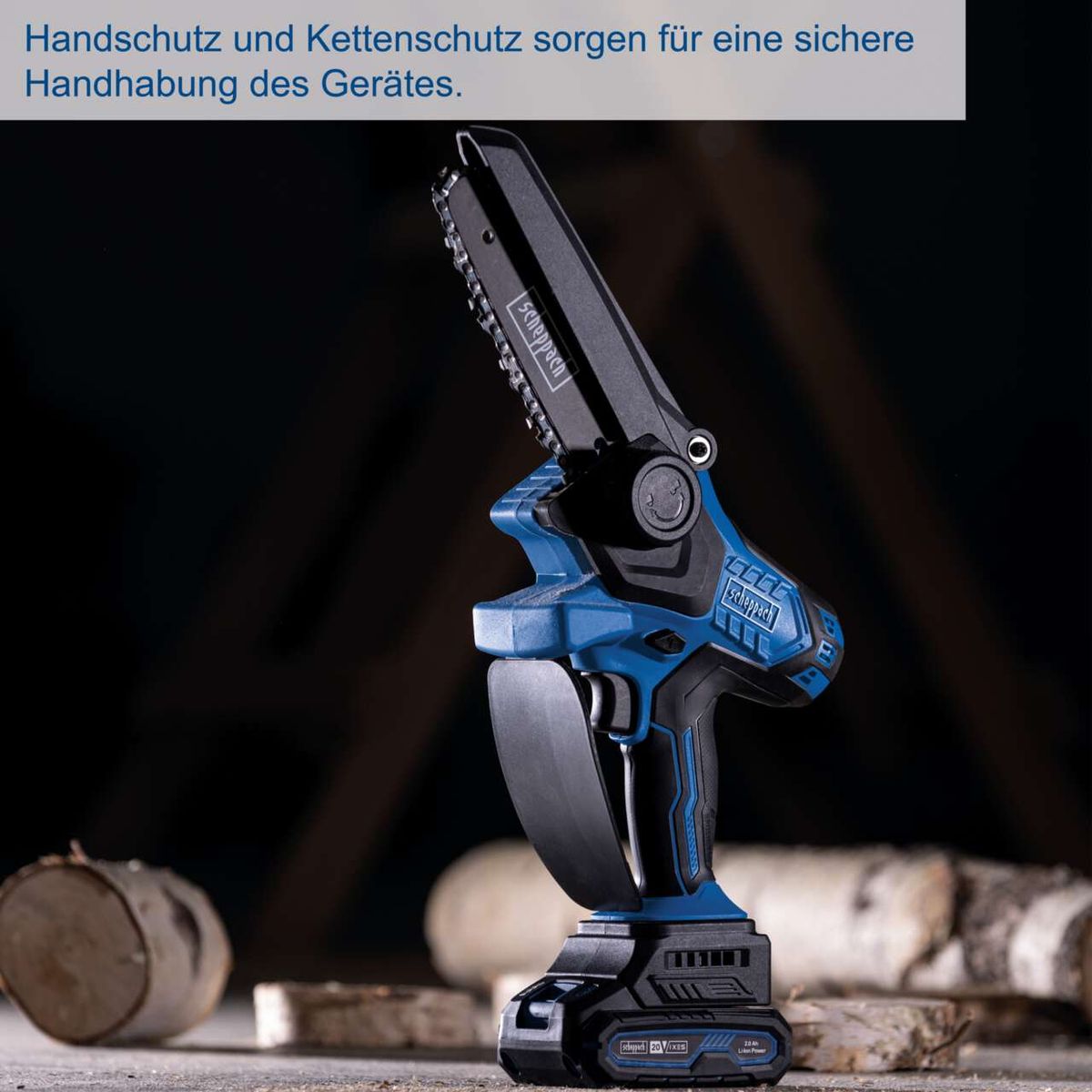 Der Akku-Gehölzschneider BC-PS150-X von Scheppach bietet Handschutz und Kettenschutz für eine sichere Handhabung des Gerätes.