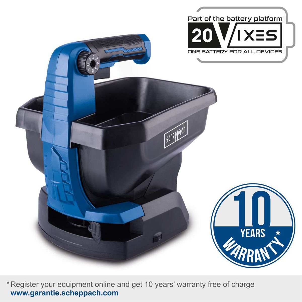 The cordless hand-held spreader C-GSP800-X by Scheppach has a spreading width of 5m, a capacity of 3.5L and a surface performance of 800m². Includes 2Ah battery and 2.4A charger. 10 years warranty with online registration.