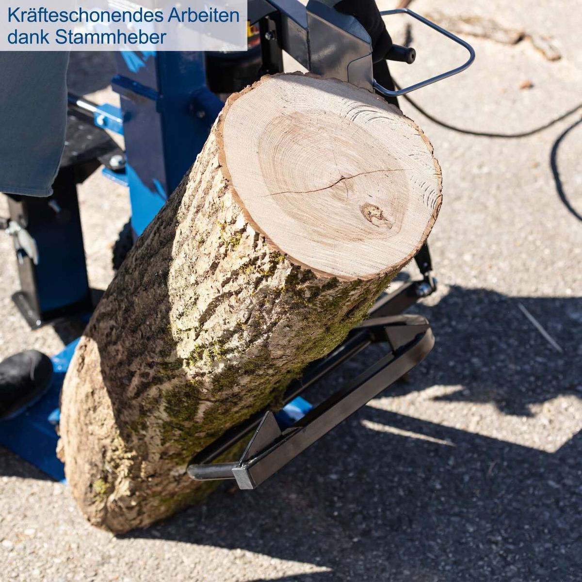 Holzspalter mit Stammheber für kraftschonendes Arbeiten, wie im Bild gezeigt