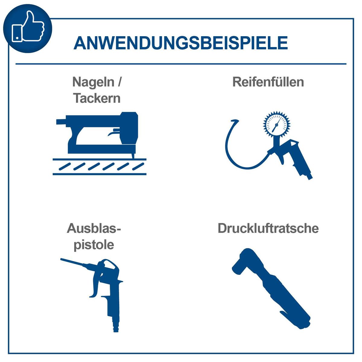 Anwendungsbeispiele für Nageln/Tackern, Reifenauffüllen, Drucklufträtsche und Ausblaspistole