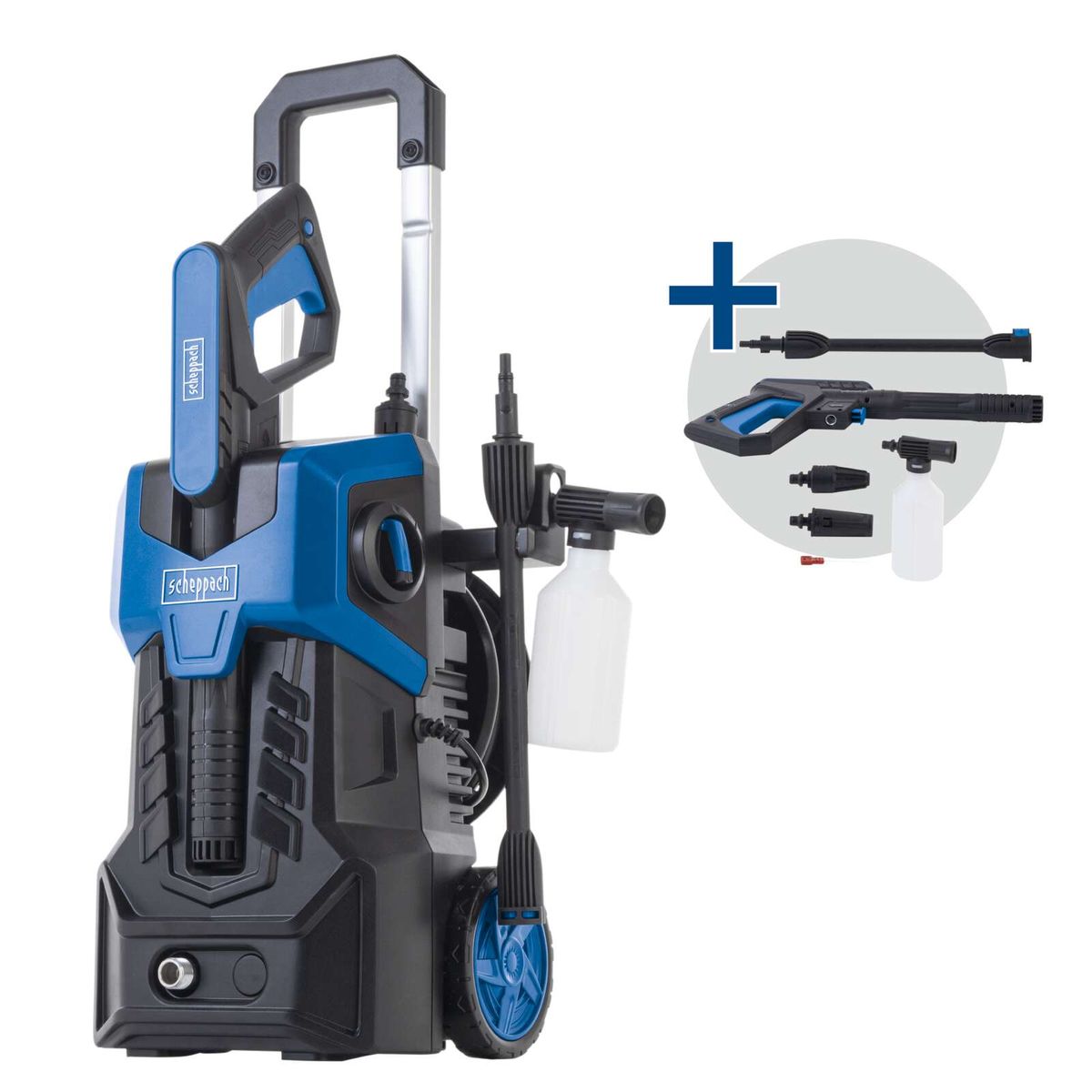 Elektro-Hochdruckreiniger mit ergonomischem Griff, inkl. Standard- und Zusatzdüsen sowie Reinigungskammern für effiziente Reinigung.