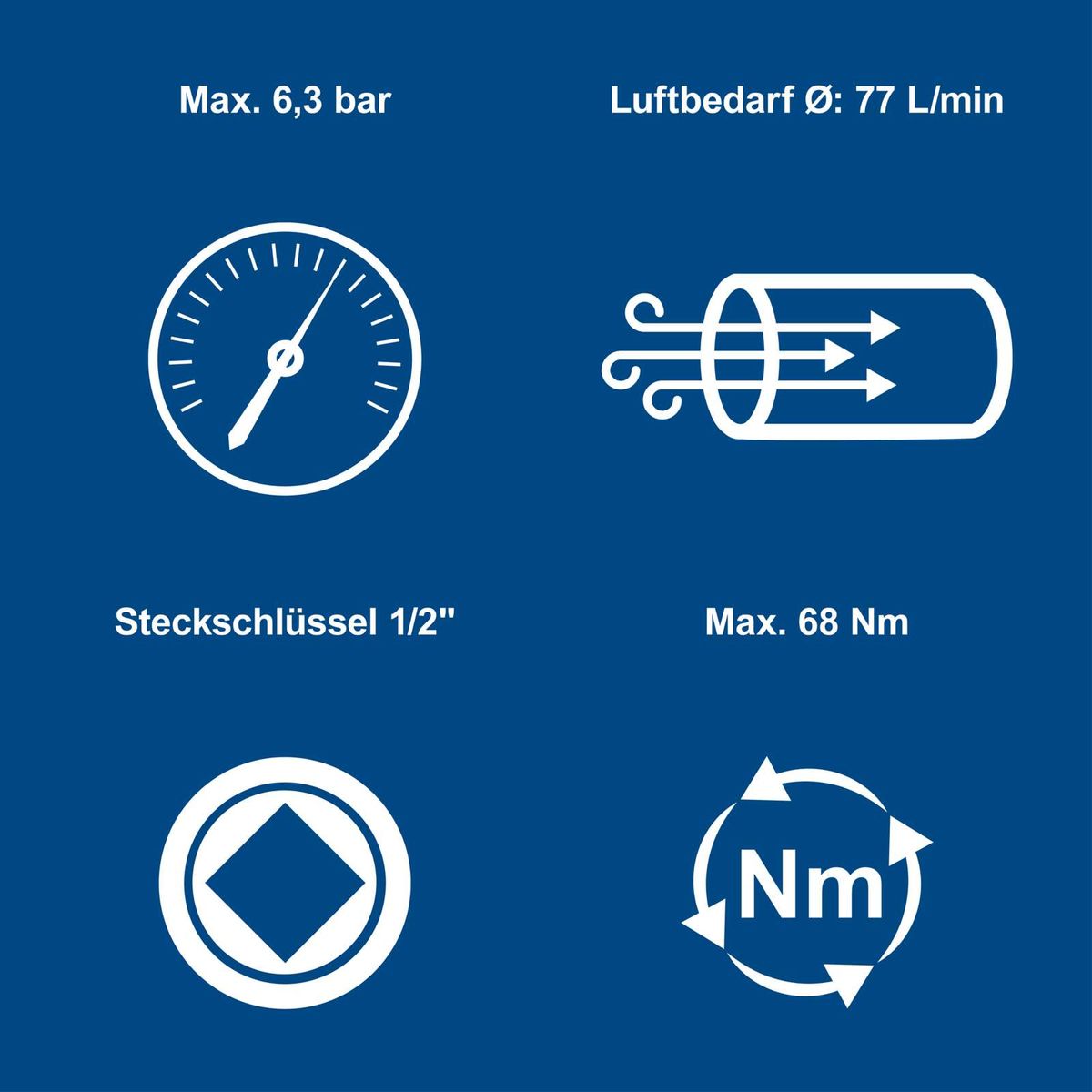 Technische Datenblatt für pneumatische Ratsche mit max. Druck von 6,3 bar, Luftbedarf 77 Liter/Minute, 1/2" Steckschlüssel und 68 Nm Drehmoment