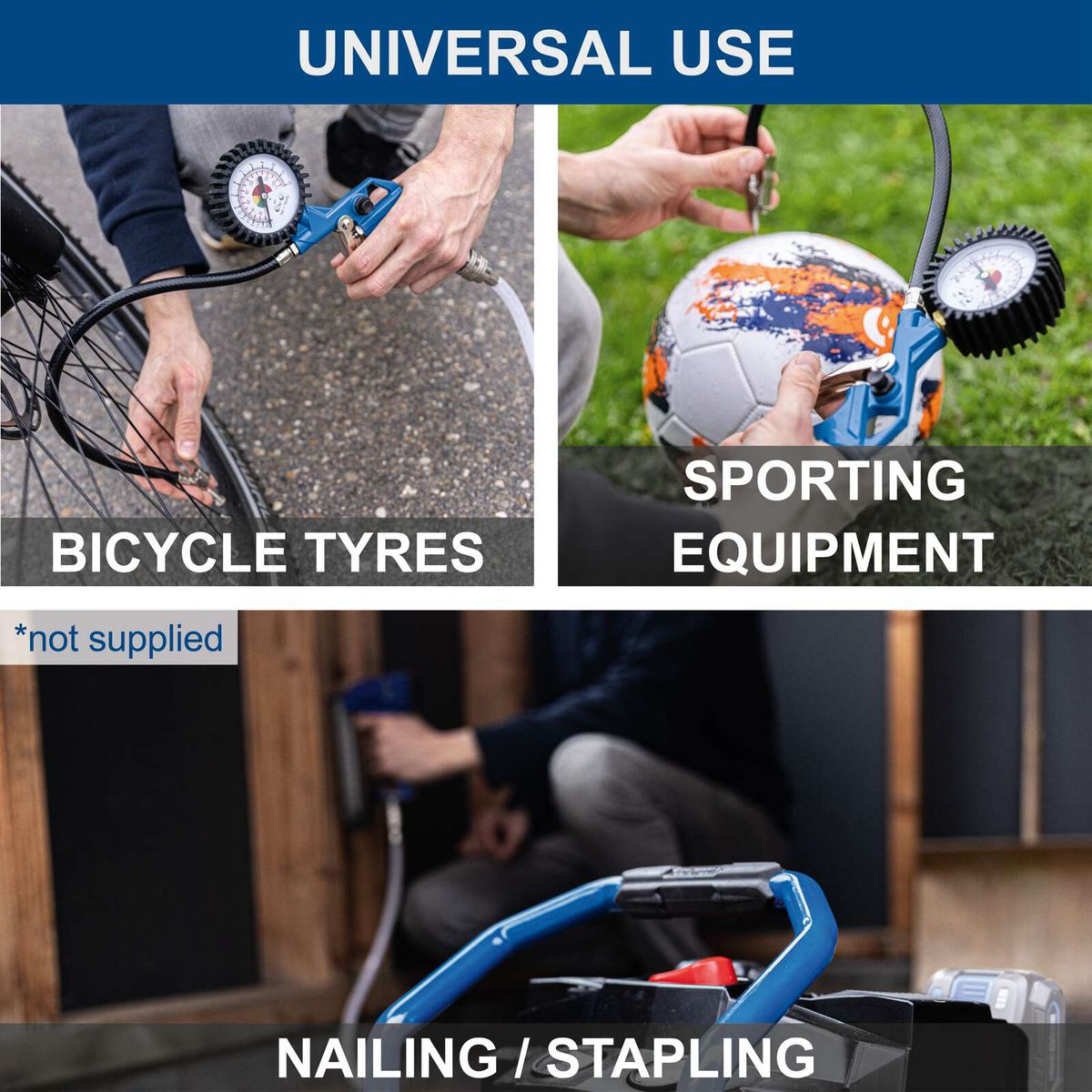 The Scheppach universal tyre pressure gauge is suitable for bicycle tyres, sporting equipment and nailing/stapling. It is not supplied with an air hose.